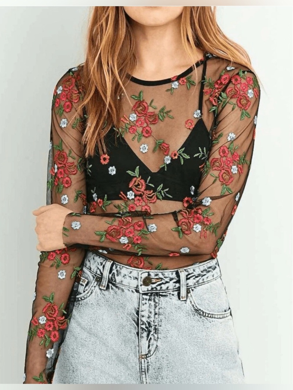 Urban Outfitters Black Sheer Floral Embroidered Long-Sleeve Top Boho Whimsigoth